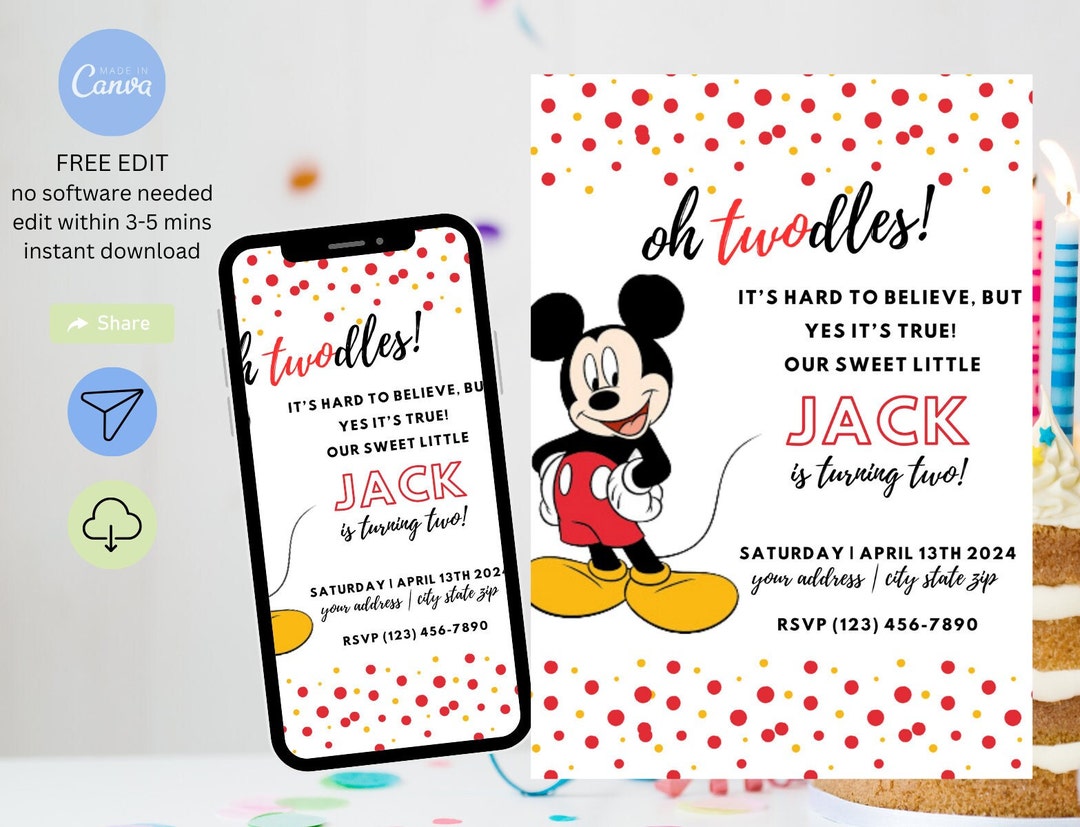 Editable Mickey Mouse Oh Twodles Minimal Birthday Invitation Digital ...