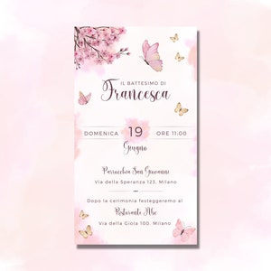 Invito digitale personalizzato Battesimo - Comunione - Cresima - Compleanno Fiori e Farfalle rosa per download
