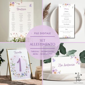 Set coordinato Fiori e farfalle lilla in pdf - Tableau, Segnatavoli, Segnaposti/Segnagusti e Menu per battesimo, comunione, cresima