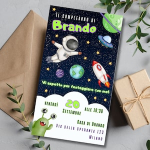 Invito digitale personalizzato per Compleanno Battesimo Comunione Cresima tema Spazio con astronauta, pianeti, stelle - Invito Whatsapp