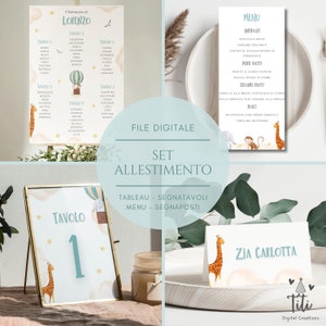 Set coordinato Mongolfiera in pdf - Tableau, Segnatavoli, Segnaposti/Segnagusti e Menu personalizzati per battesimo, comunione, cresima