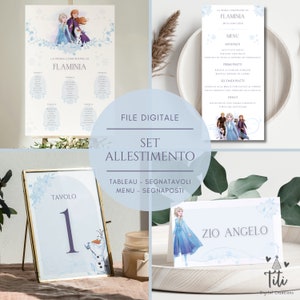 Set coordinato Frozen - Tableau, Segnatavoli, Segnaposti/Segnagusti e Menu personalizzati per battesimo, comunione, cresima - File Digitale