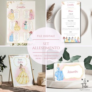 Set coordinato Princess Principesse in pdf - Tableau, Segnatavoli, Segnaposti/Segnagusti e Menu per battesimo, comunione, cresima