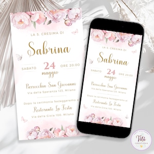 Invito digitale personalizzato con Fiori rosa e oro Peonie per Battesimo - Comunione - Cresima - Compleanno per download - Invito Whatsapp