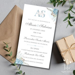 Invito Partecipazione di Matrimonio Nozze digitale con iniziali e fiori blu per download - invito whatsapp