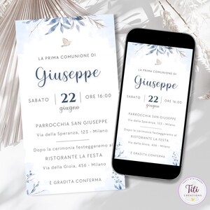 Invito digitale personalizzato Blu Azzurro Celeste per Comunione Battesimo Cresima bambino ragazzo per download, Invito Elettronico Whatsapp