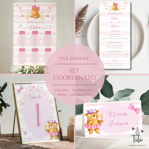 Set coordinato Orsetto rosa in pdf - Tableau, Segnatavoli, Segnaposti/Segnagusti e Menu personalizzati per battesimo, comunione, cresima