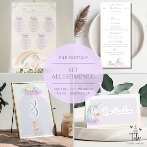Unicorn coordinated set in pdf - Tableau, Table markers, Place markers/Taste markers and personalized menus for baptism, communion, confirmation