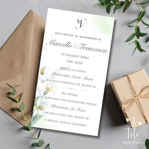 Invito Partecipazione di Matrimonio Nozze digitale con iniziali e fiori bianche e verde per download - invito whatsapp