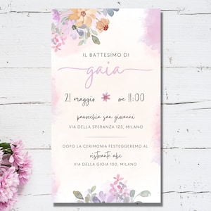 Invito digitale personalizzato con Fiori rosa per Battesimo - Comunione - Cresima per download - Invito Whatsapp
