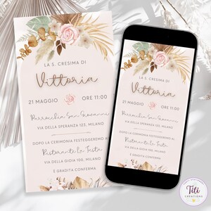 Invito digitale personalizzato Battesimo - Comunione - Cresima - Compleanno Fiori Boho per download - Invito Whatsapp