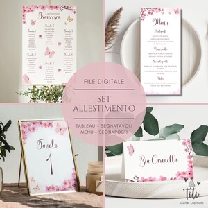 Set coordinato Fiori e farfalle rosa in pdf - Tableau, Segnatavoli, Segnaposti/Segnagusti e Menu per battesimo, comunione, cresima