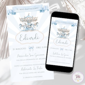 Invito digitale personalizzato Giostra Carosello Cavallucci celeste per Battesimo Comunione Cresima Compleanno per download Invito Whatsapp