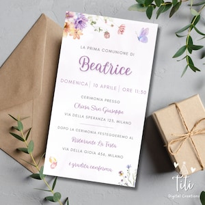 Invito digitale Comunione - Battesimo - Cresima - Compleanno Fiori e farfalle lilla per download - Invito Whatsapp