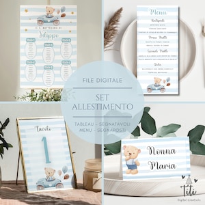 Set coordinato Orsetto in pdf - Tableau, Segnatavoli, Segnaposti/Segnagusti e Menu personalizzati per battesimo - comunione - cresima