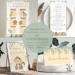 Safari Jungle coordinated set in pdf - Tableau, Table markers, Place markers/Taste markers and personalized menus for baptism, communion, confirmation