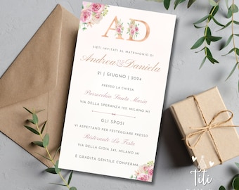 Wedding digital invitation with initials and rose flowers for download - whatsapp invitation