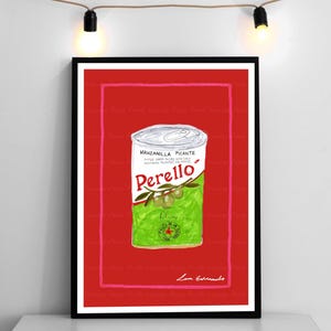May include: A hand-drawn illustration of a can of green olives. The can is labelled "Manzanilla Picante" and "Perello". The background is red.