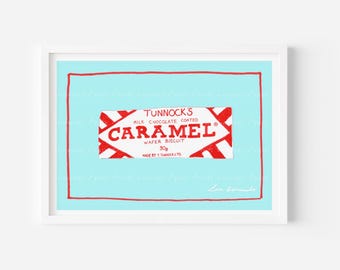Scottish Caramel Wafer Turquoise Blue Print | 7x5 | A5 | 10x8 | A4 | A3 | Hand Drawn Print | Scottish Print | Kitchen Wall Art |