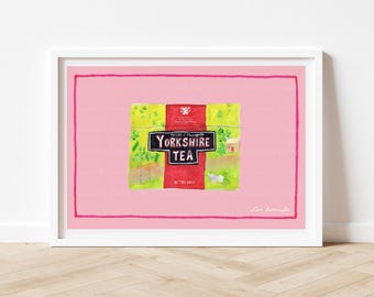 Nadruk z różowymi torebkami herbaty | 7x5 | A5 | 10x8 | A4 | A3 | Nadruk rysowany ręcznie | Grafika ścienna z herbatą Yorkshire | Nadruk z filiżanką herbaty | Dekoracja ścienna do kuchni |