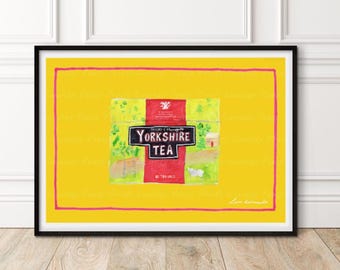 Nadruk z żółtymi torebkami herbaty | 7x5 | A5 | 10x8 | A4 | A3 | Nadruk rysowany ręcznie | Grafika ścienna z herbatą Yorkshire | Nadruk z filiżanką herbaty | Dekoracja ścienna do kuchni |