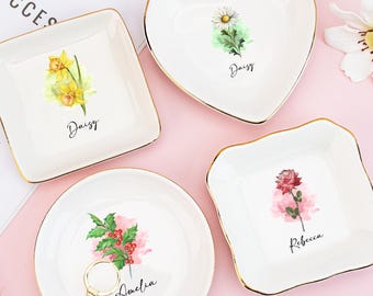 Personalized Birth Flower Ring Dish: Watercolor Ceramic Jewelry Plate, Wedding Ring Dish, Bridesmaid Gift, Best Friend Gift, Birthday Gift