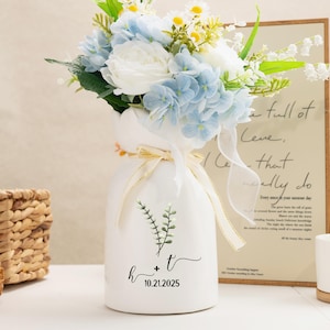 Personalized Ceramic Wedding Flower Vase With Name & Date, Engagement Flower Vase, Gift for Newlywed, Wedding Anniversary Gift for Couple