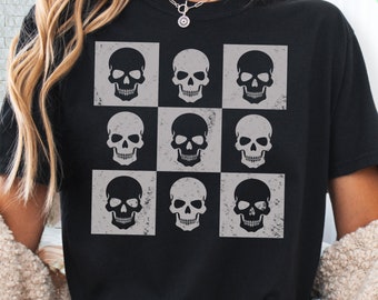 Comfort Colors® Skull Retro Vintage Checkered Pattern, Distressed Skull Graphic, Gothic Tee, Matching Friend Shirts Gift for Her