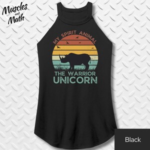 The WARRIOR UNICORN My Spirit Animal Rocker High Neck Tank Top Workout Shirt Retro Vintage Gift Group Fitness Small to Plus Size Gym Clothes