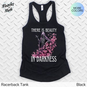 Beauty in Darkness Reaper Fitted Tank Top, Gothic Tank Top, Dark Skeleton Reaper Gym Shirt Gift for Her, Workout Shirt for Her