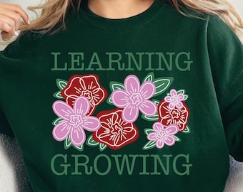 Sweat-shirt « Apprendre et progresser en tant qu'enseignant », disponible en version col rond ou à capuche, idéal pour le développement professionnel ou comme cadeau pour les enseignants.