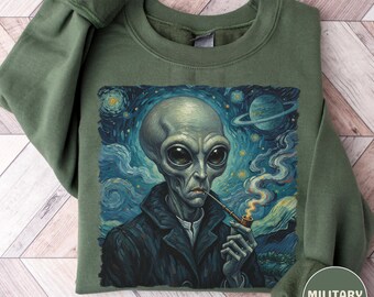 Funny Alien UFO Sweatshirt, Van Gogh Alien Sweatshirt, Crewneck Sweatshirt, Hooded Sweatshirt, Funny UFO Gift