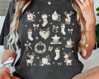 Jolie chemise de Noël, chemise de Noël confortable aux couleurs confortables, t-shirt de Noël à manches courtes ou à manches longues avec collage de Noël