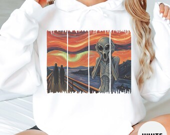 Funny Alien UFO Sweatshirt, Artsy Alien Sweatshirt, Crewneck Sweatshirt, Hooded Sweatshirt, Funny UFO Gift