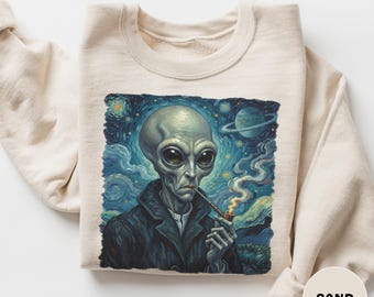 Funny Alien UFO Sweatshirt, Van Gogh Alien Sweatshirt, Crewneck Sweatshirt, Hooded Sweatshirt, Funny UFO Gift