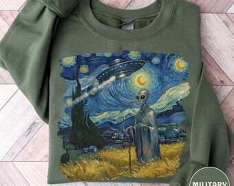 Funny Alien UFO Sweatshirt, Van Gogh Alien Sweatshirt, Crewneck Sweatshirt, Hooded Sweatshirt, Funny UFO Gift