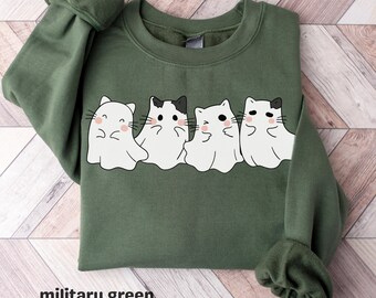 Cute Halloween Sweatshirt, Cat Ghost Sweatshirt, Crewneck Sweatshirt or Hooded Sweatshirt, Halloween Sweatshirt Gift for Her, Spooky Season
