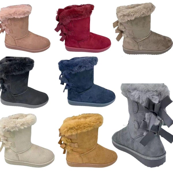 Women's Flat Fur Ribbon Bow Winter Warm Low Heel Ladies Ankle Boots Shoes Size