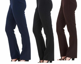 Ladies Womens Nurse Work Carer Stretch Elasticated Trousers 29 Leg Ribbed Bootleg Soft Comfy Work Formal Elasticated Waist