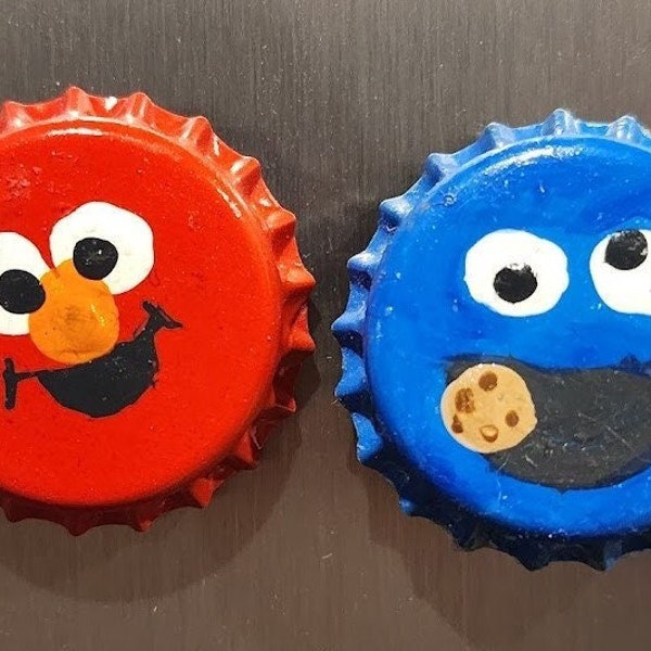 Elmo and Cookie Monster Magnets / Sesame Street/ hand painted / bottle cap / magnets/ fridge magnets/ homemade