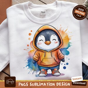 Cute Penguin Hoodie Digital Png, Watercolor Penguin Design, Sublimation Png, Cartoon Clipart, Printable Penguin Art, Digital Download