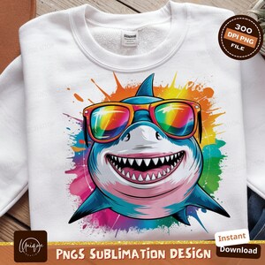 Cooler Hai Png, lustiges Hai Design, Hai Sublimation, Regenbogen Brille Png, Kinder Hai Png, digitaler Download, T-Shirt-Design, Clipart