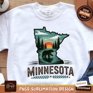 Ours du Minnesota Png Design, sublimation numérique Png, carte de l'État, forêt au coucher du soleil, téléchargement immédiat, art numérique, fichier d'impression, image clipart