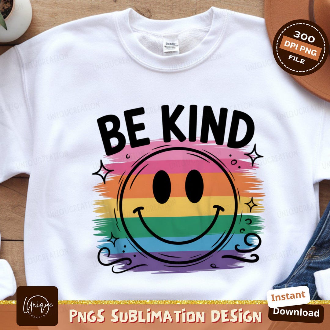 Be Kind Sublimation Png, Smiley Face Png Design, Rainbow Png, Positive ...
