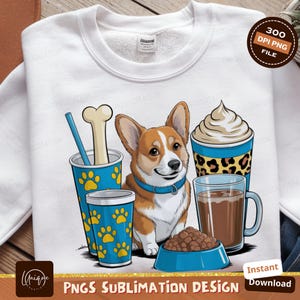 Corgi Dog Lover Digital Png, Sublimation Design, Cute Pet Art, Cartoon Dog Graphics, Dog Bone Drink, Puppy Food Bowl, Instant Download