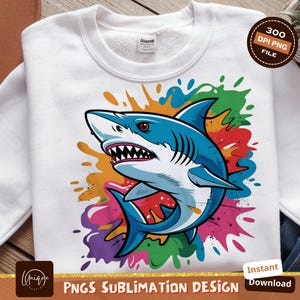 Shark Sublimation Design, Colorful Shark Png, Digital Download Art, Shark Clipart, Undersea Animals, Cartoon Shark, Shark Illustration