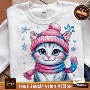 Cute Winter Cat Png Design, Sublimation Png, Winter Animals, Digital Download, Kitten With Hat, Pet Portrait, Cartoon Cat Art