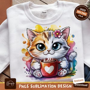 Sublimation de café de chat mignon Png, clipart aquarelle chaton, art numérique amoureux des animaux de compagnie, impression animalière pour chemises, tasses, graphiques imprimables