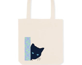 Cat Graphic totebag, shopping bag, cat, black cat, floral, organic cotton, small canvas bag, cotton canvas bag