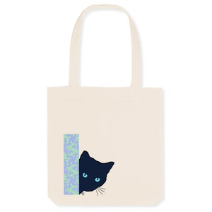Totebag Cat Graphique, sac courses, chat, chat noir, floral, coton bio, petit sac en toile, sac toile coton